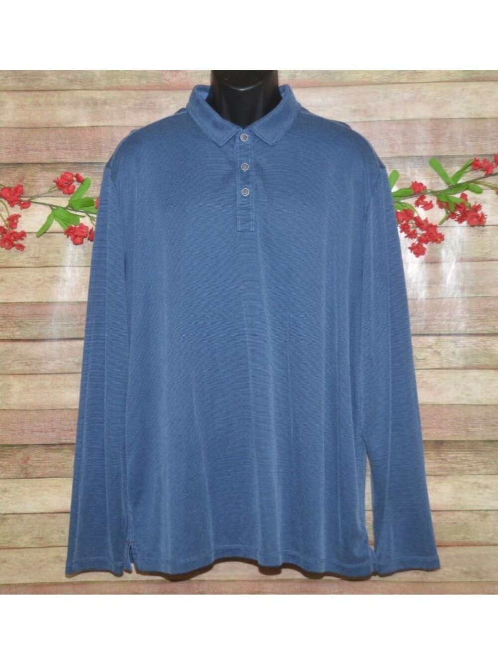 Tommy Bahama Mens XXL Long Sleeve Polo Shirt Blue Soft Modal Blend Textured